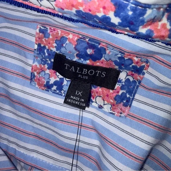 Talbots striped button down shirt w/ floral cuff Pink, Blue, White 1X NWT - Picture 4 of 7